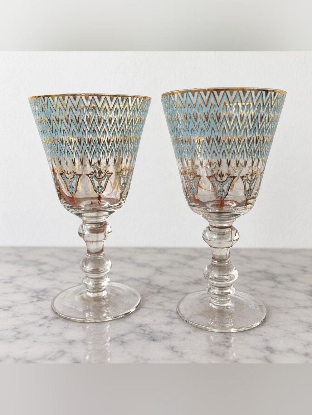 Hand-Painted Blue and Gold Wine Goblet - Decorative Glassware